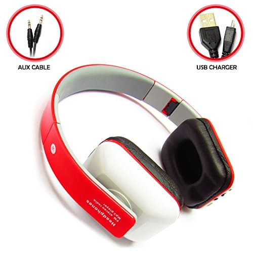 Bluetooth Wireless Headphones Stereo, SD Card Support and In Line Control - Red