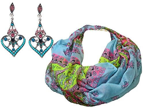 Design Kit - St Tropez Blue - Ladies Flower Loop-Scarf Set with Matching Hanging-Earrings In