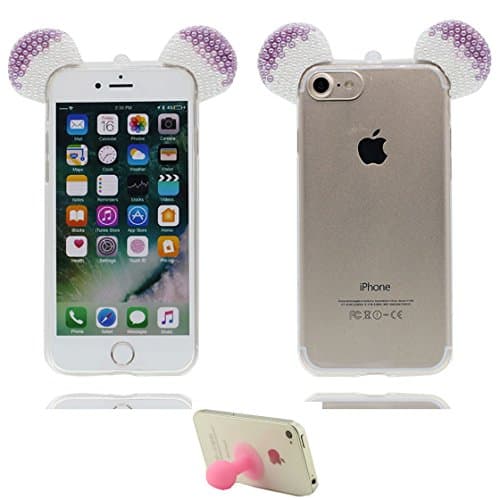 iPhone 6S Clear Case, Luxury Bling Bling Glitter Diamond Soft Silicone Case with 3D Sparkle Shiny Rhinestone Cute Mickey Ears Cover for iPhone 6s/6 ( 4.7") (Rose White) &amp; Sucker Stand Anti-Shock