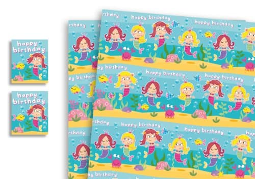 Childrens Luxury Gift Wrap x 5 Sheets &amp; 5 Tags Mermaid