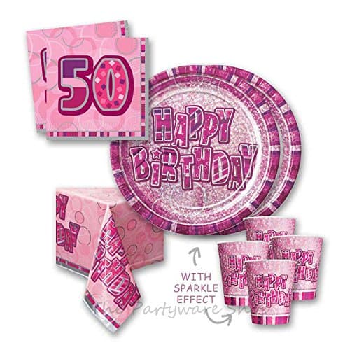 Pink Glitz Sparkle 50th Birthday Party Tableware Pack for 16