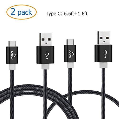 USB Type C Cable [2 Pack], (6.6ft+1.6ft) LANAU Nylon Braided USB-C to USB-A 2.0 Charge Cable for Apple New MacBook, ChromeBook Google PixelL, Samsung Note 8 S8, Nexus, Nokia N1 Tablet &amp; More Black