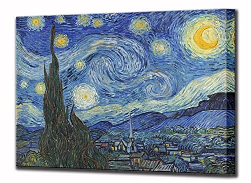 Starry Night Canvas Print Vincent Van Gogh Framed Wall Art Home Decor Picture Reproduction Ready To Hang High Quality Stretched Reproduction Home Decor (57 x 46 cm)