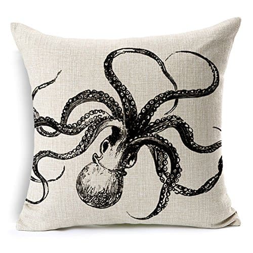 Oriskey Cotton Linen Square Throw Pillow Case Cushion Cover Shell Pillowcase for Sofa Octopus Decorative, 18"x 18"