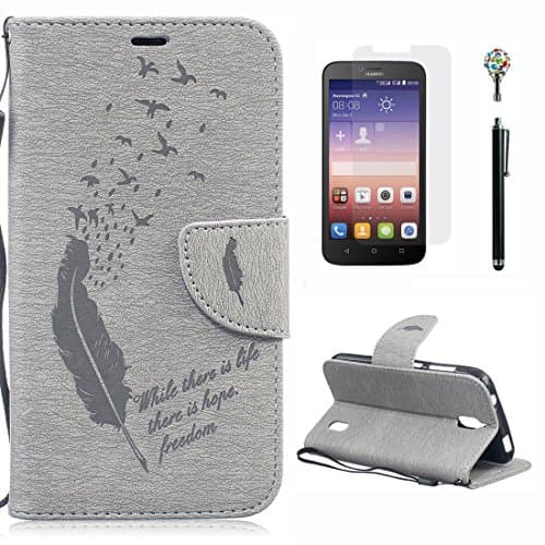 Yaking® Huawei Y625 Case (4 in 1 Set) PU Leather Stand Flip Cover Wallet Printing Business style Phone Case Cover for Samsung Galaxy Huawei Y625 with 1 x Tempered Glass Screen Protector + 1 x Touchpen and 1 x Bling Glitter Dust Plug