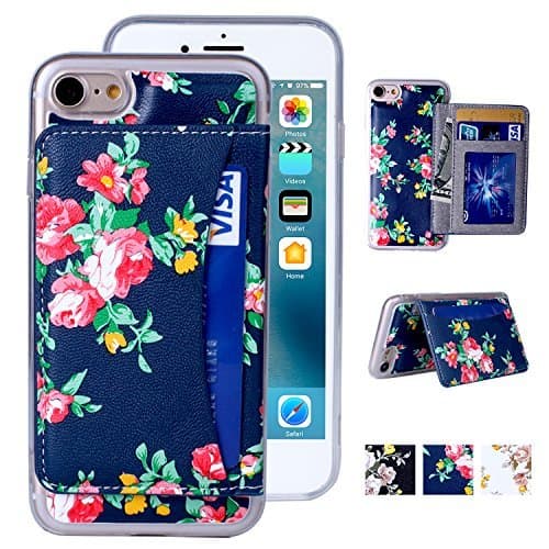 iPhone 7 Case, iPhone 7 Wallet Case, Tripky Flower Floral Flip Folio Wallet Cases PU Leather Magnetic Holster Phone Case for iPhone 7 with [kickstand] [3 Card Slots]-Navy Blue