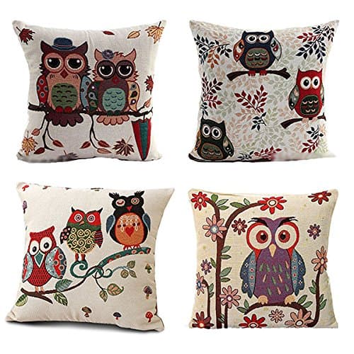 4 X Owls Pattern Cotton Linen Pillow Cover Square