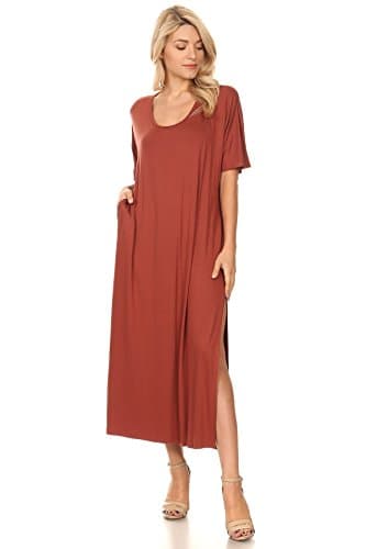WFFS Women's Casual Short Sleeve Side Split Maxi Dresses with Pockets(DWMM001) (XLarge, Tobaco)