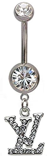 Stainless Steel Belly Button Ring LV with CZ Crystals - Packed in a Lovely Gift Box