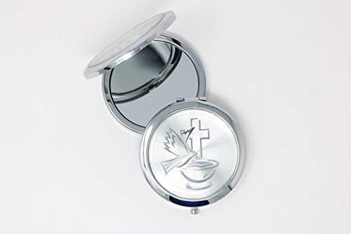 AmoreCreations -12 Piece New Baptism Mini Compact Mirror Key Chain Party Favor for Boys and Girls - Bautizo Recuerdos Angels & Baby Design Makeup Compact/First Communion (Dove/Silver Compact Mirror)