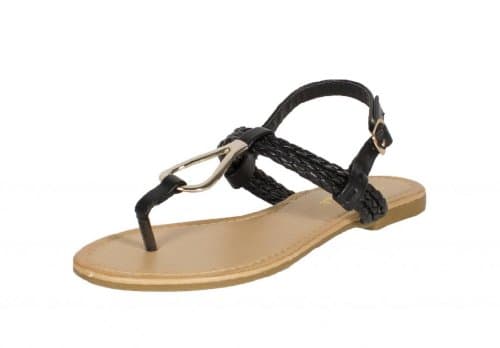 RCK Bella Womens Afreda-5 T Strap Braided Slingback Flat Sandal with Gold Metal Decoration, black leatherette, 9 M US