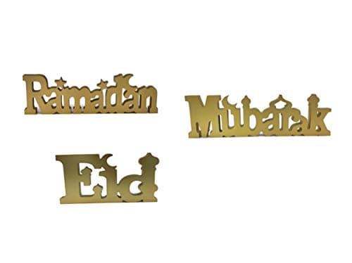 iHcrafts Latest Ramadan Eid Mubarak Desktop Shelf Table top Modern Shelf Art Display Decor Made with Compressed Wood 12"x4" Each 1" Thickness Shelf Décor (Ramadan + Eid Mubarak - Gold)