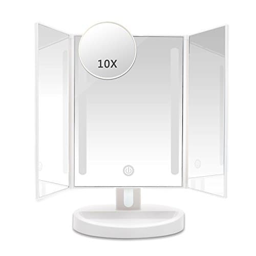 Okiss LED Lighted Makeup Mirror with 1X/10X Magnification Touch Screen 180 Degree Rotation Auto Off Dual Power Supply Dimmable Portable Compact Travel Trifold Vanity Mirror