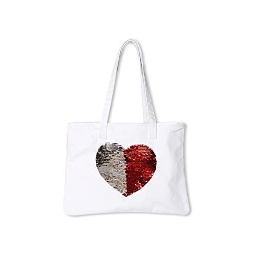 Canvas Tote Reversible Flip Sequin Heart {Red & Silver} - Funky Monkey Fashion
