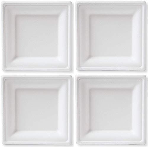 Susty Party 6-Inch Compostable Square Plates, 50-Count, Sugarcane Fiber (Bagasse) Tree-Free Heavy Duty Disposable Biodegradable Plate for Dessert, White (4-(Pack))