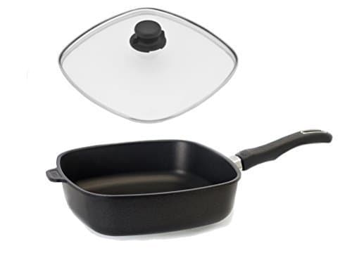 Original Gundel cast iron square frying pan 26 x 26 cm - Height 7 cm - with glass cover and Lid knob (entlüftbar) Biotoan interface, battery-Therm Floor
