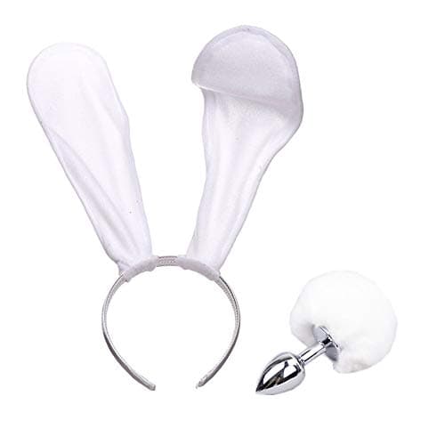 White Rabbit Bunny Ears Headbands and Short Tail B-ütt an-âl Pl-ùg T-ö-ys