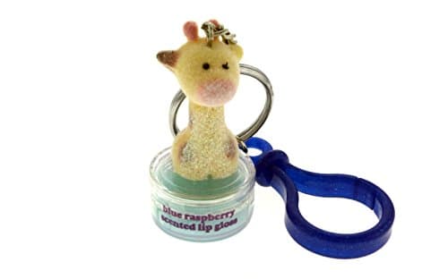 WhiteFlocked Giraffe Topper Blue Raspberry Scented Lip Gloss With Glittery Blue Plastic Clip And Trigger Snap Key Chain KEKC5138