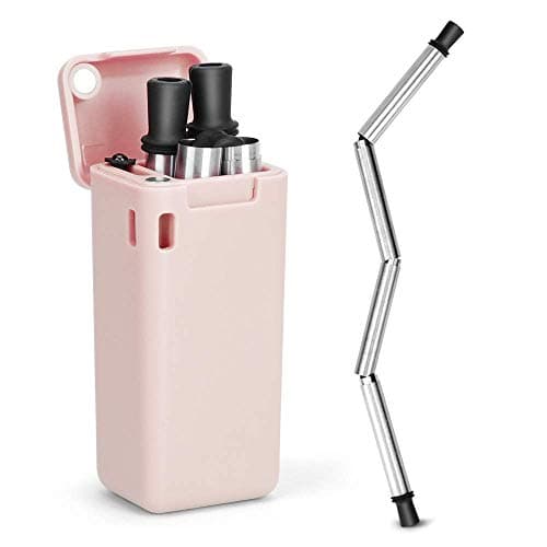 Esoultech Collapsible Reusable Stainless Steel, Folding Drinking Straws Keychain Foldable Final Premium Food-Grade Portable Set with Hard Case Holder Clea, Small (Pink)