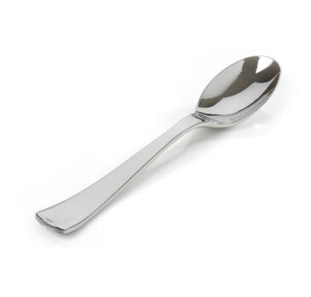 Pack of 6 Heavy Duty Hard Plastic Serving Spoons - Silver Polished - 9 inch (23cm) - Disposable/Reusable
