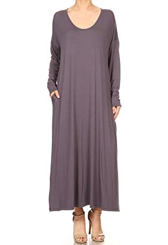 Women's Casual Short Sleeve and Long Sleeve Side Split Maxi Dresses with Pockets(DWMM001/DWMM001L) (XLarge, 001L_Charcoal)