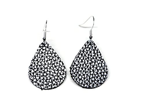 Handmade Silver Pebbled on Black Small Teardrop Leather Earrings