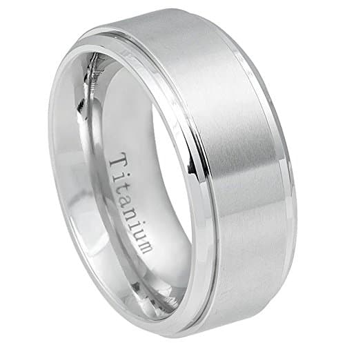 9mm Brushed Finish Center Step Edge White Titanium Wedding Band - Size 7.5