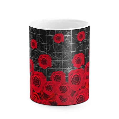 Black Striped Marble With Red Roses Flower Blossoms Pattern White Heat Resistant Ceramic Tea Coffee Mug - 11oz