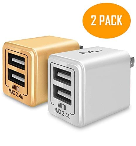 Charger, Quick Charging 2.4A 10W Universal Dual Adapter 2-Port USB Portable Travel Adapter for Nexus, Bluetooth Speaker Headset & Power Bank (2-Pack) (White & Gold)