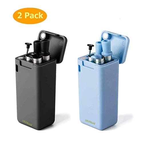 2-Pack Collapsible Reusable Straw, Stainless Steel Foldable Drinking Straws, Food-Grade Silicone Portable Straw with Hard Case, Cleaning Brush for Travel, Outdoor, Household, etc.(Black&Blue)