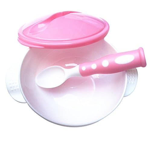 LLZJ Babies Tableware Bowls Dishes Sets Silicone Suction Bowl Fork Spoon Children's Cutlery Toddler Feeding Training,Pink