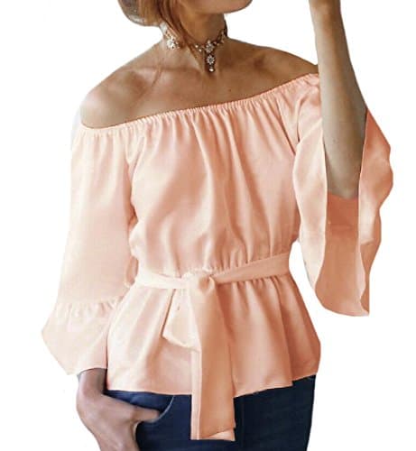 xiaokong Women's Solid 3/4 Sleeve Off-Shoulder Tops Blouses with Belt 1 S