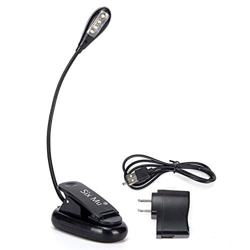 SIXMU Rechargeable Book Light 4 LED Book Light, Easy Clip On Reading Light, AC Charger &amp; USB Cable Included, 2 Brightness Settings, Soft Padded Clamp.