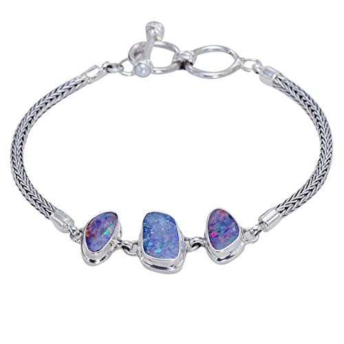 Luxurious Australian Fire Doublet Triple Opal 3-Stone Sterling Silver Bracelet