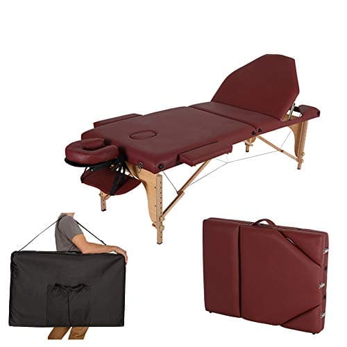 Portable Home Folding Massage Bed Acupuncture Physiotherapy Massage Table Multi-Function Beauty Bed 3 Section Therapy Wooden Frame -Wine red