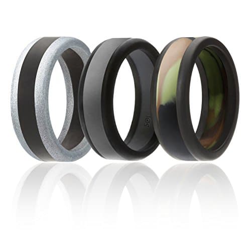 Silicone Wedding Ring For Men By SOL (Power X Series), 3 Pack Silicone Rubber Wedding Band, Camo, Black, Grey, Silver - size 9