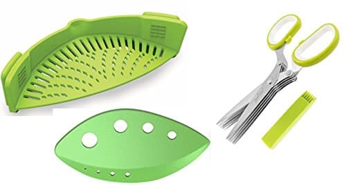 Clip on Strainer, Herb Stripper, &amp; Herb Scissors with Holster Cleaner by Friendly Cooking Green Pots Pan Cookware Kitchen Tools Space Saver Colander