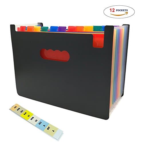 Expanding File Folder 12 Pockets Multi-Color Accordion Files Box A4 Document Organizer with Expandable Wallet Stand – Works on Legal Size and Letter Size by Huztl
