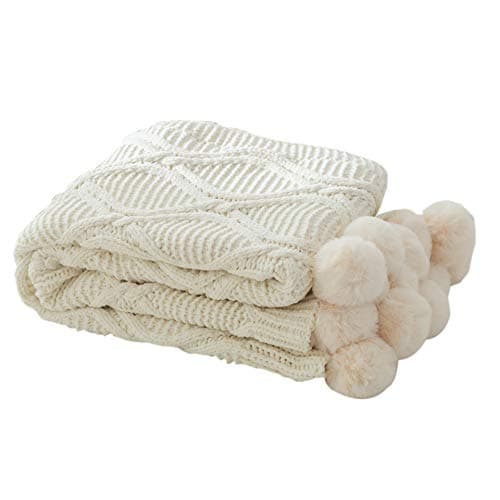 RuiJing Luxury Chenille Knitted Blanket with Pompoms Fringe Solid Soft Blanket Lightweight Reversible Throw Blanket for Home Decorative Décor Bed Sofa Couch Chair(51"x63",White)