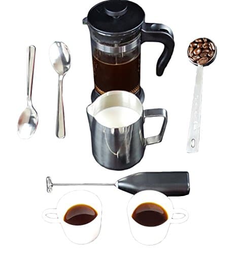 IKEA Espresso, Coffee &amp; Tea French Press Gift Set Bundle: Includes French Press, Stainless Steel Steamed Milk Pitcher, Handheld Electric Milk Frother, Espresso Cups and Spoons, Measuring Spoon
