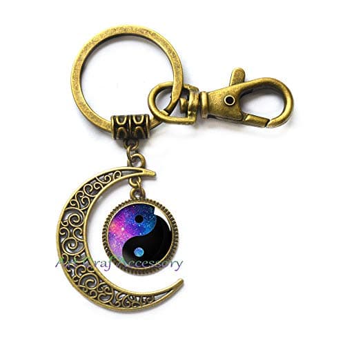 Galaxy Yin Yang Key Ring，Yin-Yang Symbol Key Ring, Silver Plated, Glass Cabochon，Space Jewelry - Nebula Space,RN260 (G2)