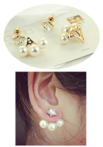 Pearl Crystal Rhinestone Front and Back Ear Cuff Ear Clips Stud Earring Set (golden)