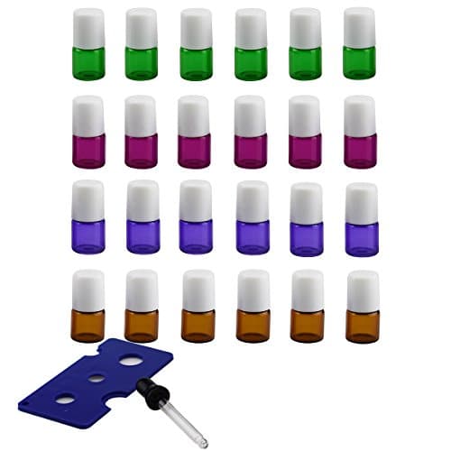 24 Pcs Colorful Mini 1ml (1/4 Dram) Roll on Glass Bottle for Essential Oil with Stainless Steel Roller Balls - Refillable Aromatherapy Essential Oil Roll On Amber Pink Green Purple (White caps)