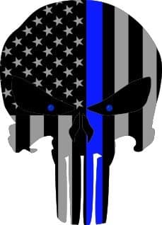 Subdued US Flag Punisher Skull Reflective Decal with Thin Blue Line and Blue Eyes (4"x2.25")