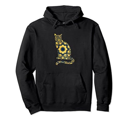 Unisex Cat Mandala Pullover Hoodie XL: Black