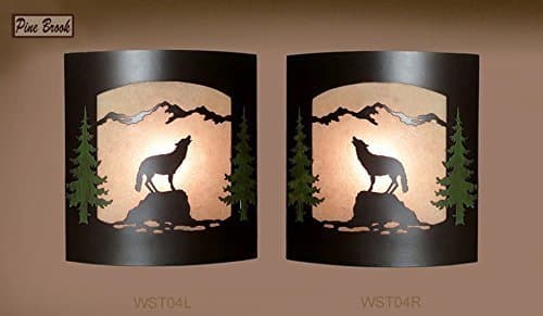 Rustic Wolf with Painted Pine Tree Wall Sconce Pair – Frosted Amber Glass & Burnished Bronze Metal Light | Lodge Cabin Decor | Woodland Nature Wall Light Fixture