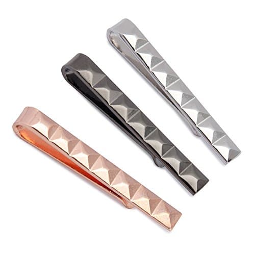 Textured Three Tone Black Silver Rose Gold Tie Clip Set In Gift Box -Tie Bars For Skinny Ties -Classic Fashionable Necktie Pins for Business Professional - Mens Wedding Christmas Present - 3pcs Clasps