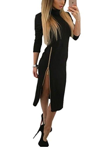 Doreen Womens Summer Autumn Turtleneck Long Sleeve Solid Color Side Split Party Pencil Bodycon Dress Black Size M