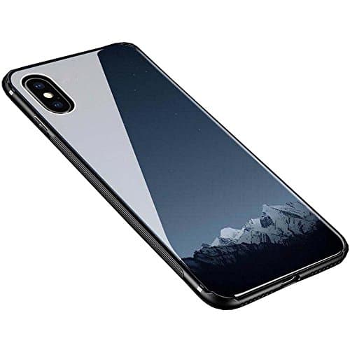 iPhone X Case, iPhone 10 Case, Weiduka TPU + Crystal Steel Tempering Glass Case, Mirror Glass Floral Pattern Painted Bumper Smooth Protective Phone Cover for iPhone X / 10 (Starry Sky . Blue)