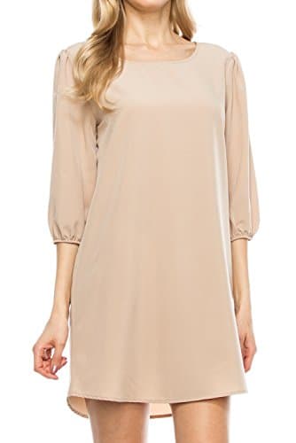 KAYLYN KAYDEN KLKD Women's Solid Round Neck Bishop 3/4 Sleeve Chiffon A-Line Shift Mini Dress